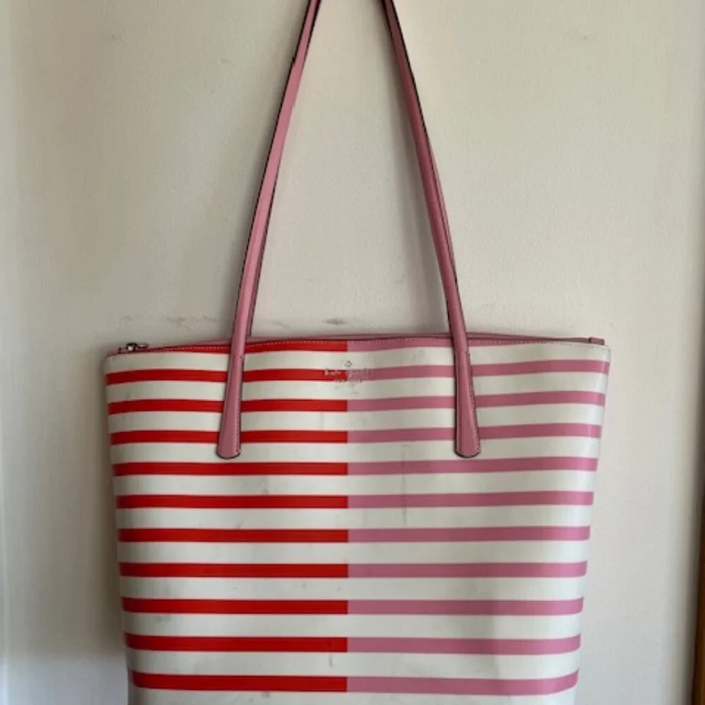KATE SPADE New York Zina Red Pink White Stripe Large Coated Canvas Tote …